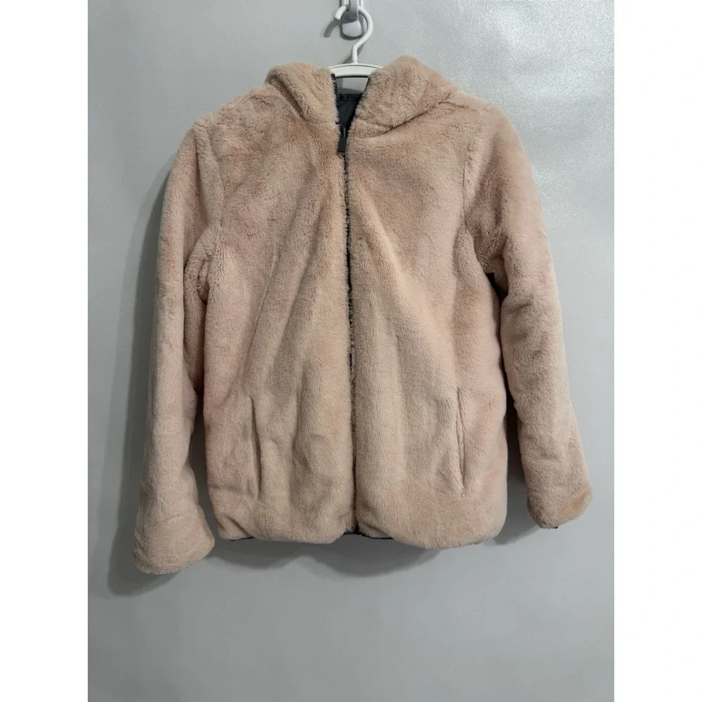 Abercrombie Kids Size 15/16 Girls Puffer Jacket Hooded Faux Fur Reversible Gray